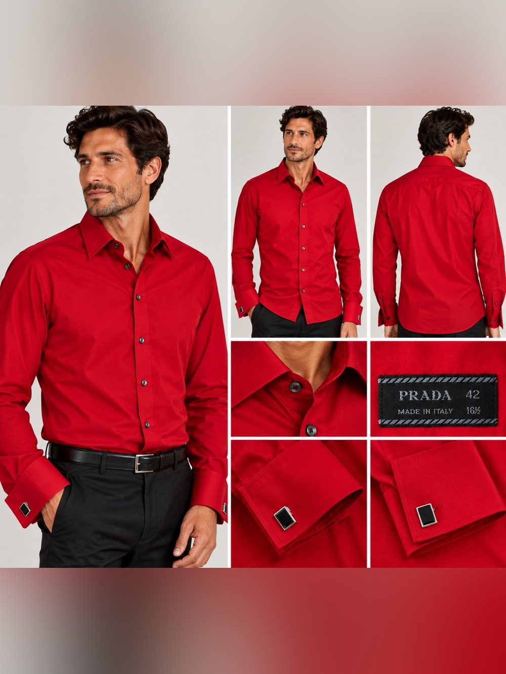 Prada Men’s Red Stretch Poplin French Cuff Dress Shirt 42 16.5 Made Italy